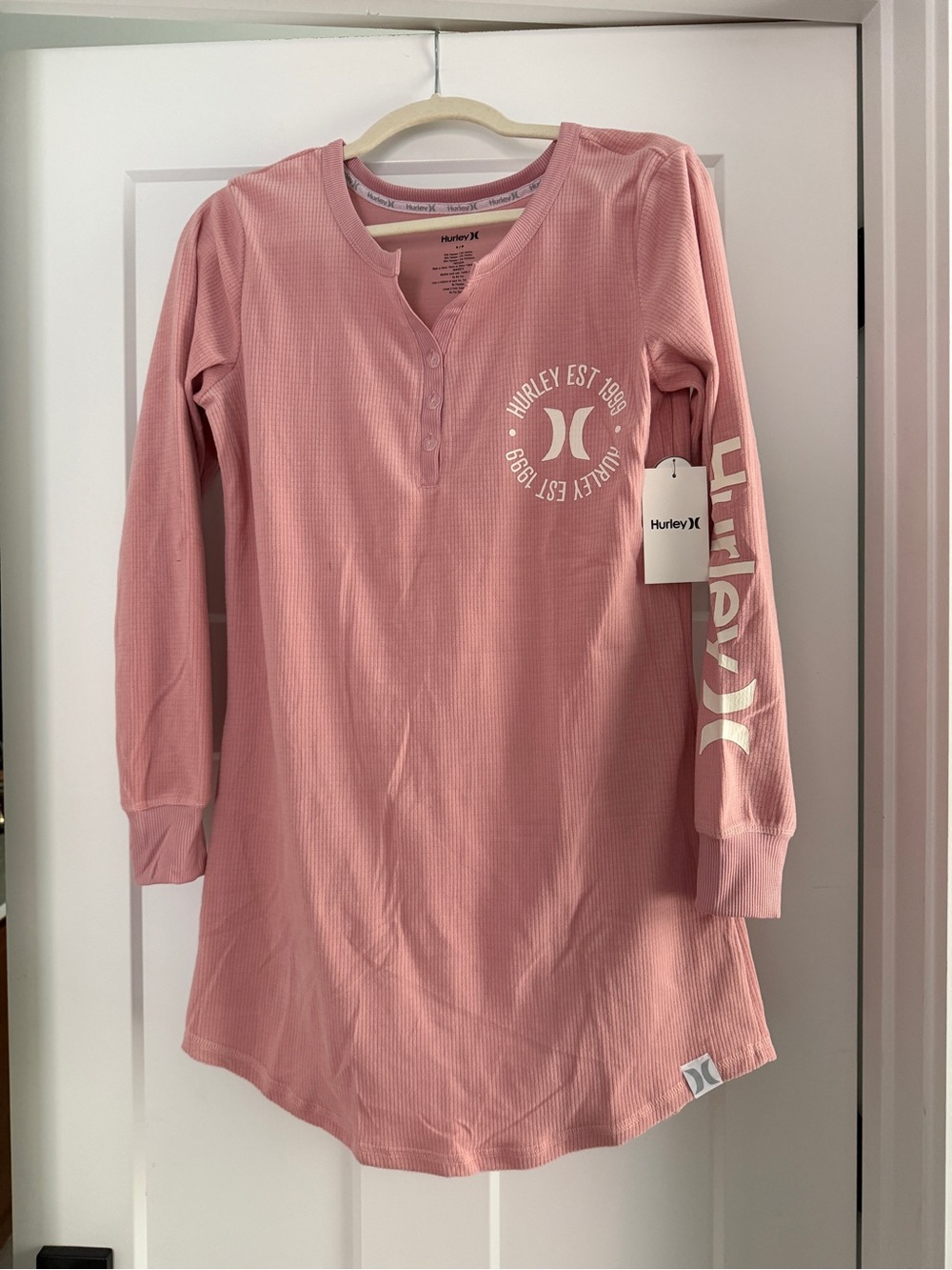 HURLEY Pink Long-Sleeve Henley Sleepshirt-Size S